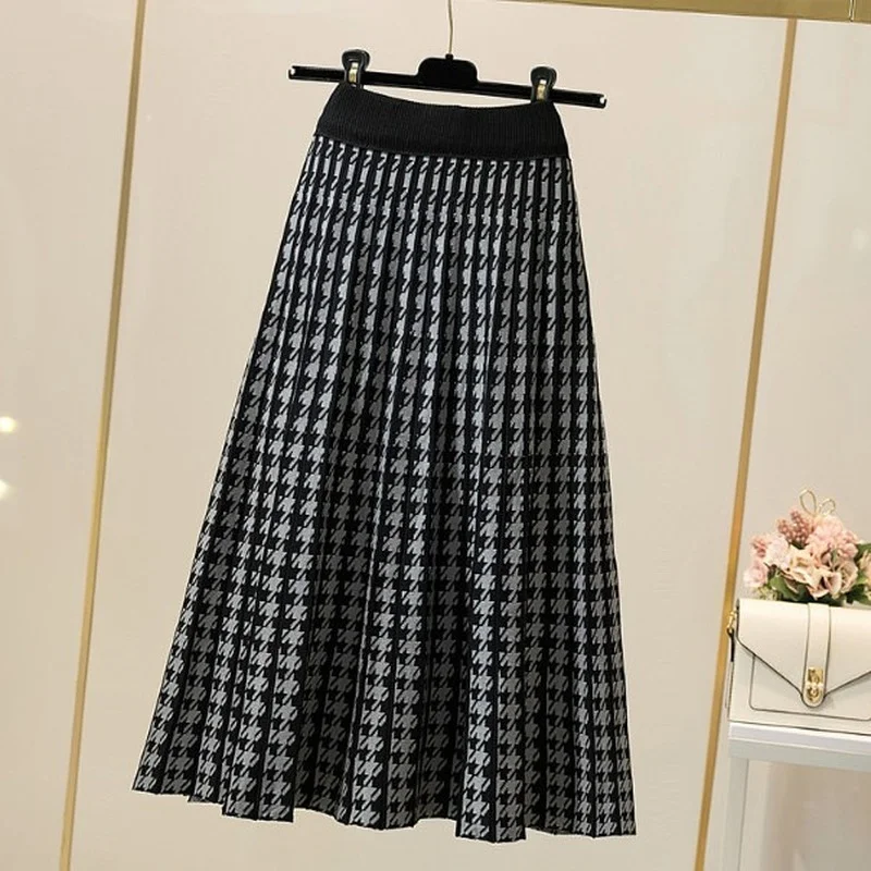 

Luxury Houndstooth Long Knit Women Pleated Skirt Autumn Winter Thick Warm Black Skirts Chic Knitted Sweater Skirt Femme Y665