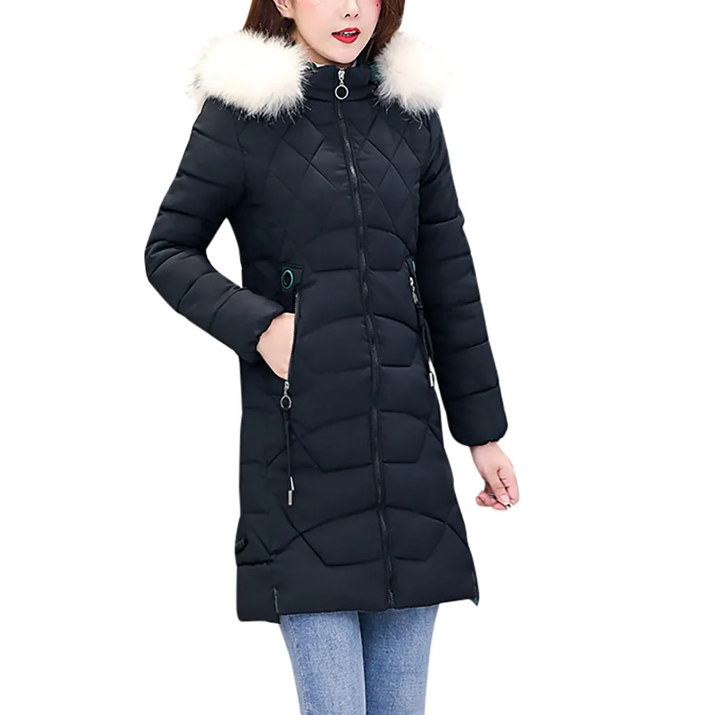CHAMSGEND Женское пальто с капюшоном, длинное пальто, парка большого размера, одноцветная куртка средней длины, женская зимняя плотная куртка, пуховик для женщин - Цвет: BK