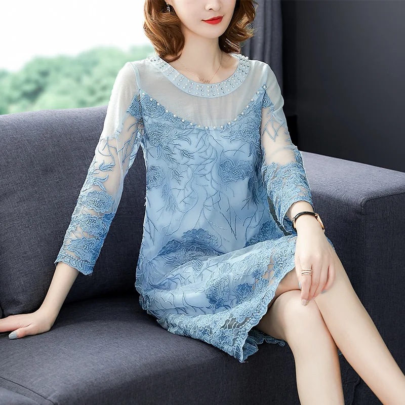 

2019 New Style WOMEN'S Dress Crew Neck Ladies' Embroidered Mesh Dress Elegant Loose-Fit Pullover A- line Skirt-