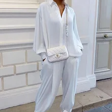 

Two-piece Ladies Top and Pants Sportswear Ladies 2021 New Casual Suit Solid Color Long-sleeved Top + Loose Ropa Mujer Trousers