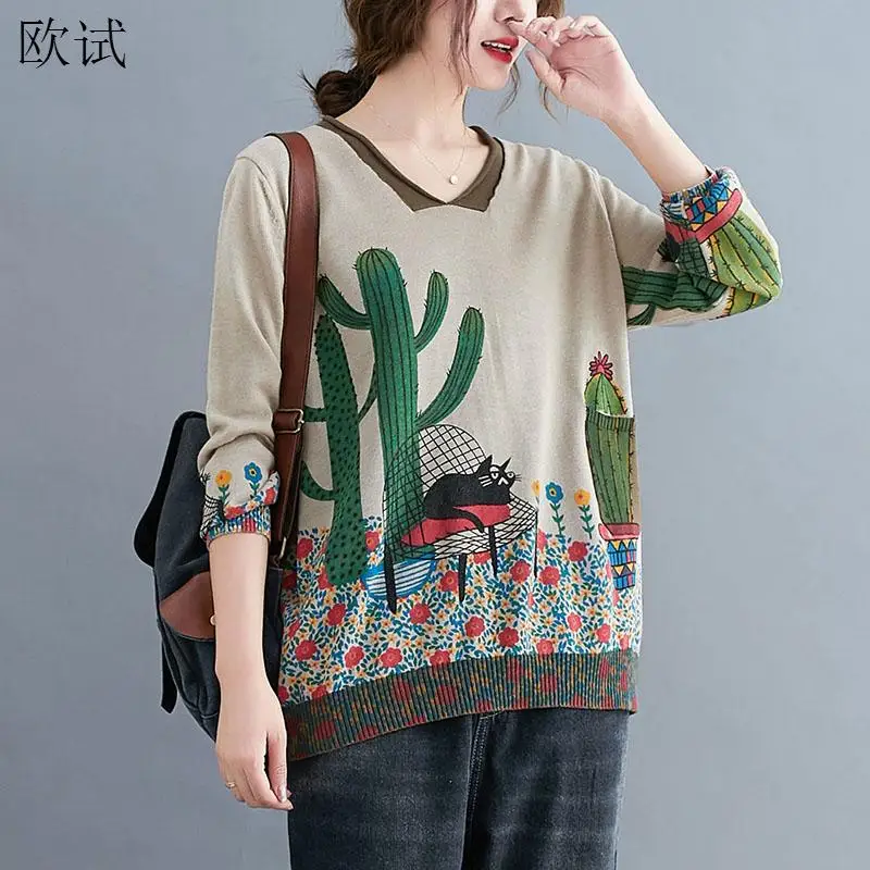 

Plus Size Knitted Print Sweater Women Autumn Jumper Ladies Pullovers Korean Sweaters Tops Casual Sueter Feminino Pull Femme 2020