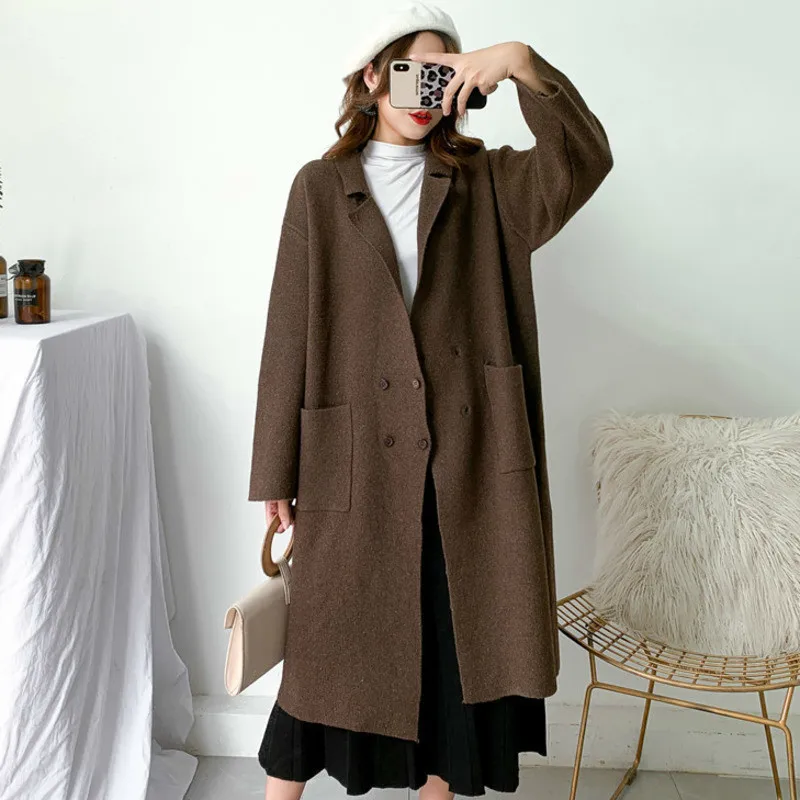 ^*Best Offers 2019 new turn-down collar full sleeves pocket woolen cashmere big size long knits cardigan female winter XX054
