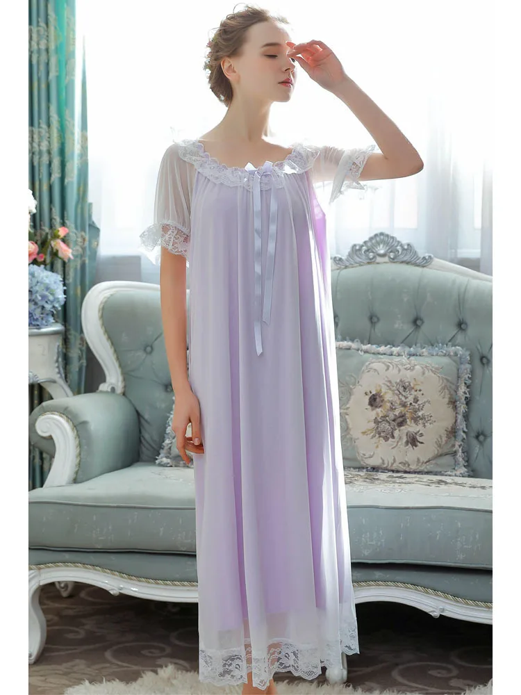 Милое кружевное Сетчатое модальное Ночное платье для девочек, женское платье средней длины с короткими рукавами, ночное белье, большие размеры, свободное Дамское белье длинная ночная рубашка
