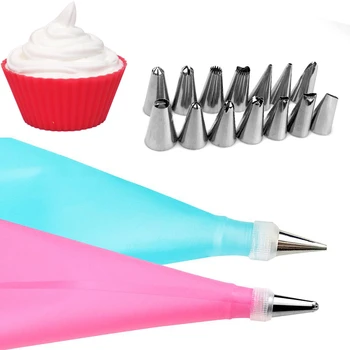 

16 Pcs/Set 1Silicone Icing Piping Cream Pastry Bag and 14Stainless Steel Nozzle and 1Converter Coupler Cake Decorating Tips Set
