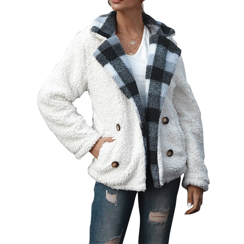 Plush Women's Coat Autumn Winter Women Jacket Buttons Casual Warm Turn-down Collar Faux Fur Outwear Teddy Jackets Overcoat GV601 - Цвет: White