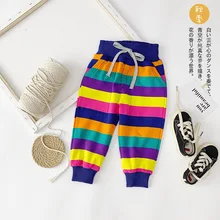 Детская одежда Для мужчин и Для женщин детская одежда C бантом в полоску цветастой радуги для детей трикотажные брюки осень стиль корейско-Стиль Шаровары в горошек N515