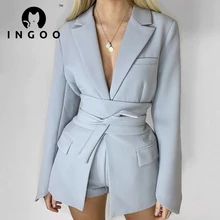 INGOO Lace Up Waist Long Sleeve Lapel Blazers Suit Women Solid Elegant Office Ladies Casual Jacket Coat Fashion Street Outwear