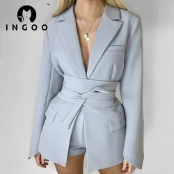 Ingo rendas até a cintura manga longa lapela blazers terno feminino sólido elegante escritório senhoras jaqueta casual casaco moda rua outwear
