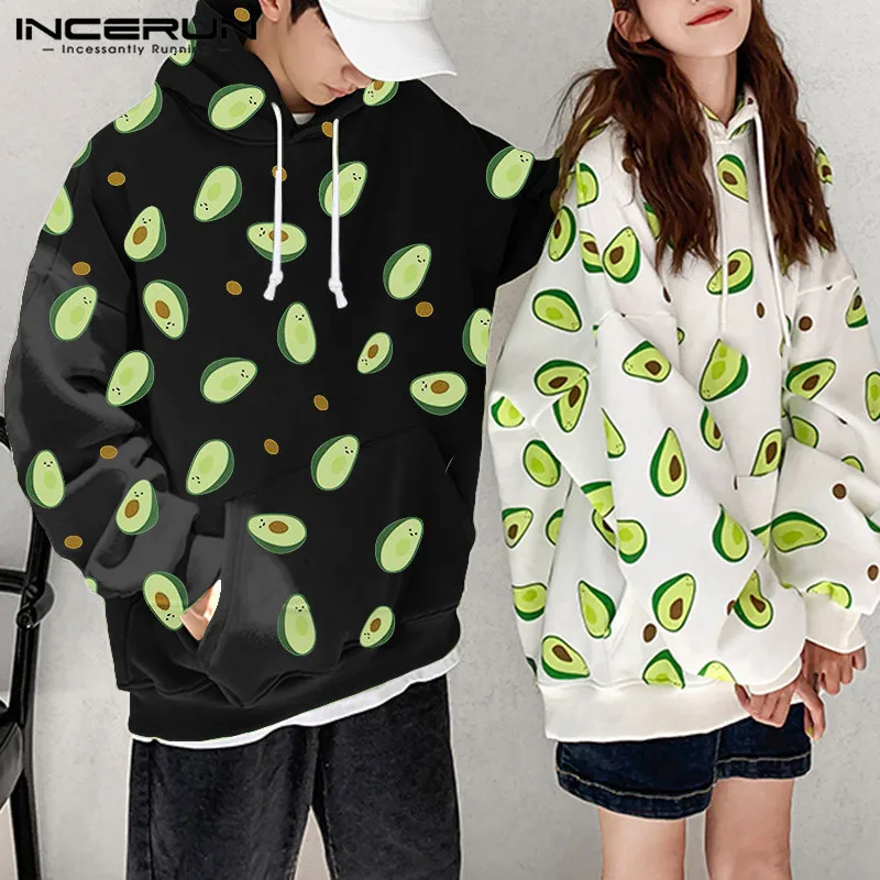 INCERUN Personality Avocado Printed Hooded Men Long Sleeve Big Pockets Pullover Small Fresh Youth Mens Hoodies Sweatshirt Jogger