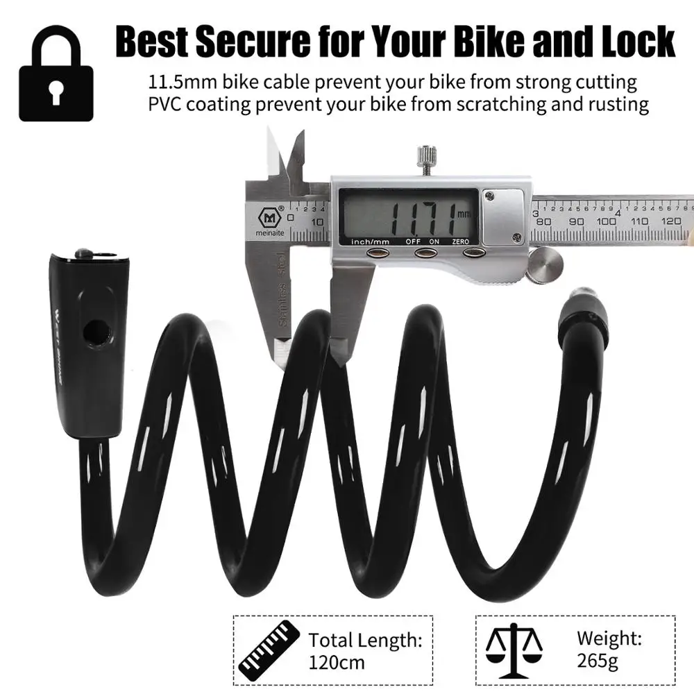 Bicycle lock WEST BIKING Bicycle Cable Lock Outdoor Cycling Anti-theft With Keys Steel Wire Security Bike Accessories 1.2M