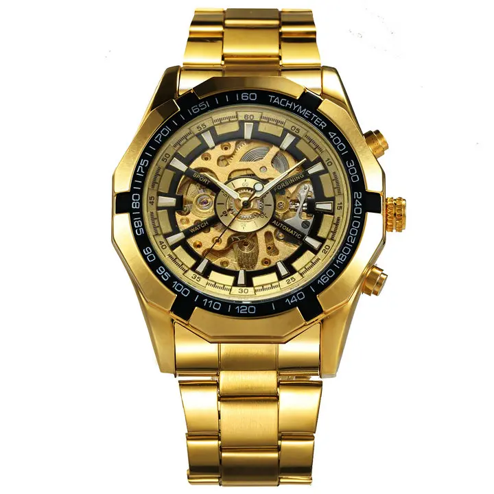 GOLD GOLD BLACK WINNER официальный Винтаж Механические мужские s часы лучший бренд класса люкс Скелет автоматические часы для мужчин медь сталь ремешок наручные часы - Цвет: GOLD GOLD BLACK