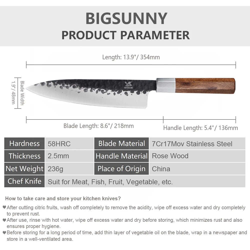 Модели BIGSUNNY 8," Кузница кованые мясной нож шеф-повара нож для нарезания ножи с высоким содержанием углерода Нержавеющая сталь с восьмиугольной палисандр ручки