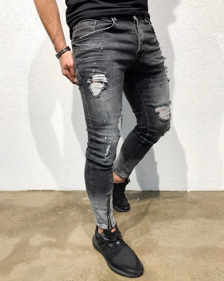 80% OFF Fashion Ankle Zipper Skinny Jeans for Men Ripped Distressed Denim Black Pencil Pants Male Black Slim Stretch Jean Trousers Homme