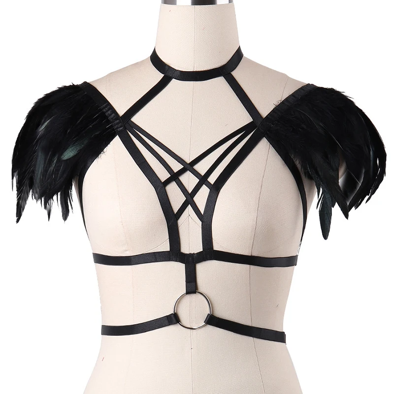 

Black Gothic Collar Natural Feather Shrug Shawl Shoulder Cape Plus Size Ties Cosplay Costume Party Body Cage Harness Bra Belt