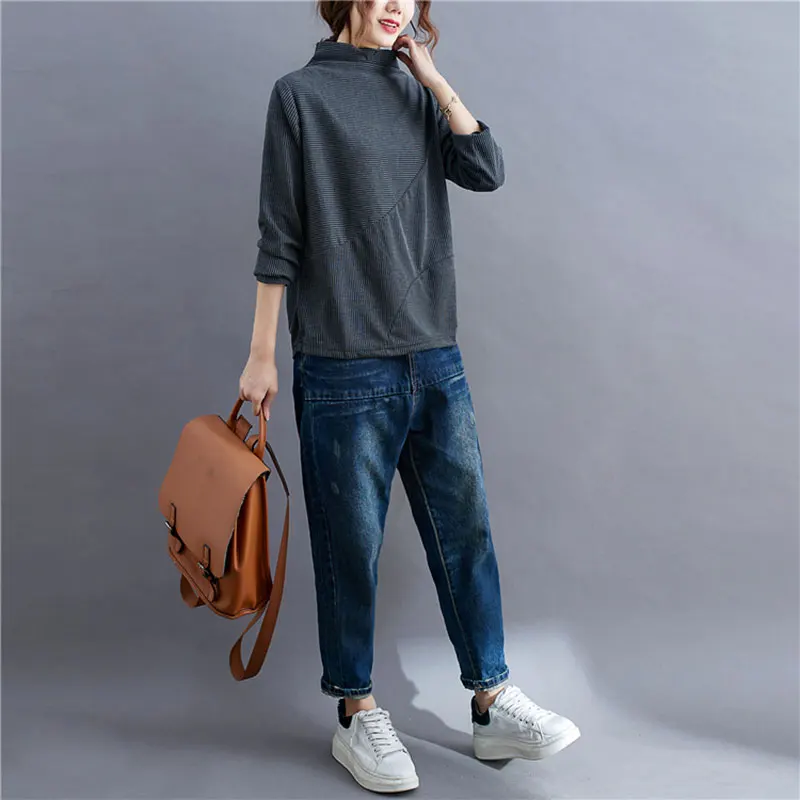 DIMANAF 2020 Plus Size T-Shirt Women Autumn Tops Striped Print Tshirt Casual Style Turtleneck Soft Cotton Show Thin Elegant Tees