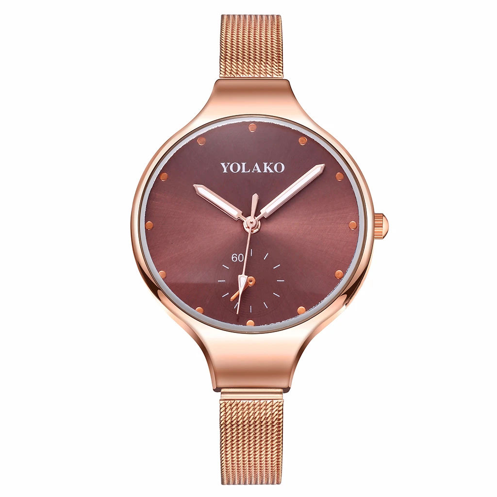 YOLAKO Брендовые женские Spuer тонкие наручные часы с ремешком-сеткой из нержавеющей стали женские роскошные высококачественные повседневные наручные часы подарок часы - Цвет: rose gold brown