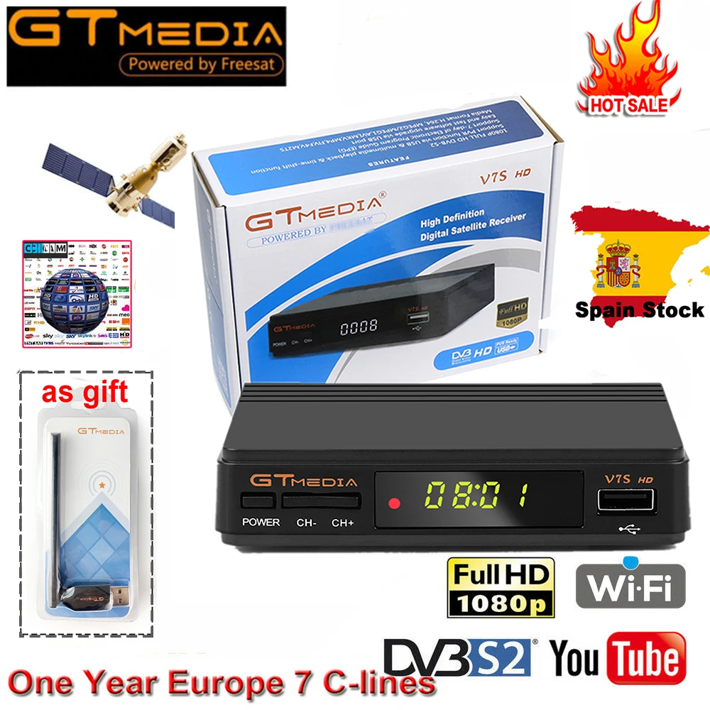 FTA DVB-S2 спутниковый ТВ приемник Gtmedia V7S HD 1080P с USB wifi Поддержка YouTube 1 год Cccam cline free power по Freesat v7 - Цвет: V7S HD with all