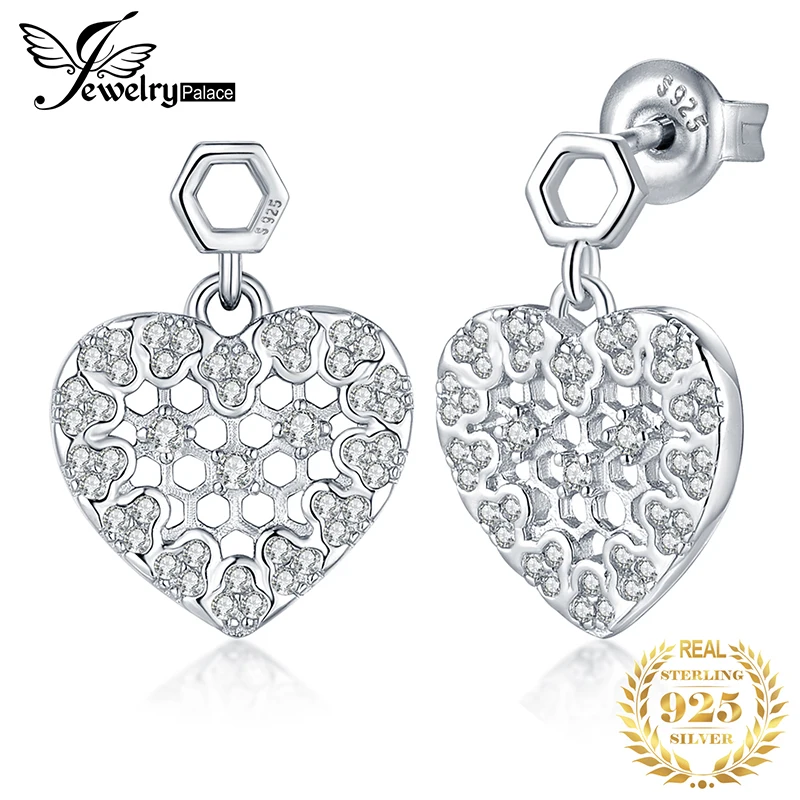 JewelryPalace 925 Sterling Silver Cubic Zirconia Hexagon Honeycomb Hollow Heart Stud Earrings Pave Setting Romantic Gift Jewelry