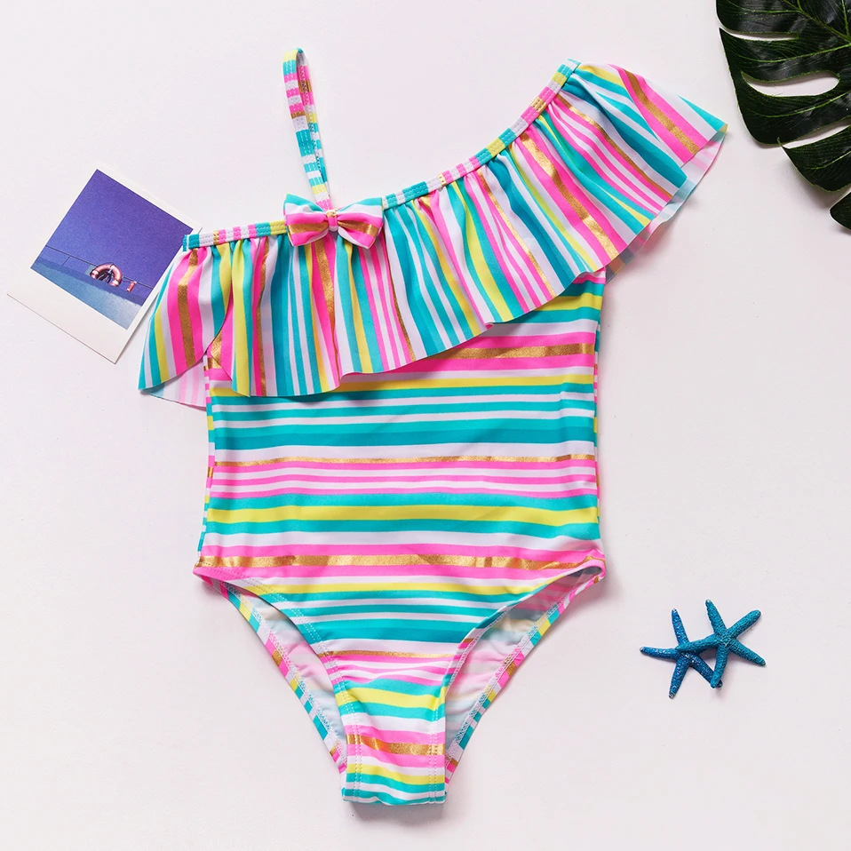 

3-8Years Falbala Girls Swimsuit New 2019 Kids Swimwear Colorful Strips Children's Swimwear High quality Kids Beach wear-ST195