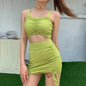 

2 Piece Set Women Slim Fitting Sexy Cami Crop Top Clothing Drawstring Pleated Summer Skirt High Waist Elastic Two Piece Sets