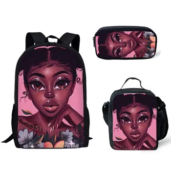 

New School Bags Backpack for Children 3pcs/set Shool Bag Black Art African Girls Printing Kids Book Bag Primary Satchel