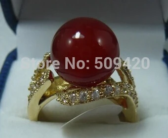 free shipping &gt&gt&gt18KGP 12MM Red Jade Bead jewelry Ring size 7 8 9 AAA | Украшения и аксессуары