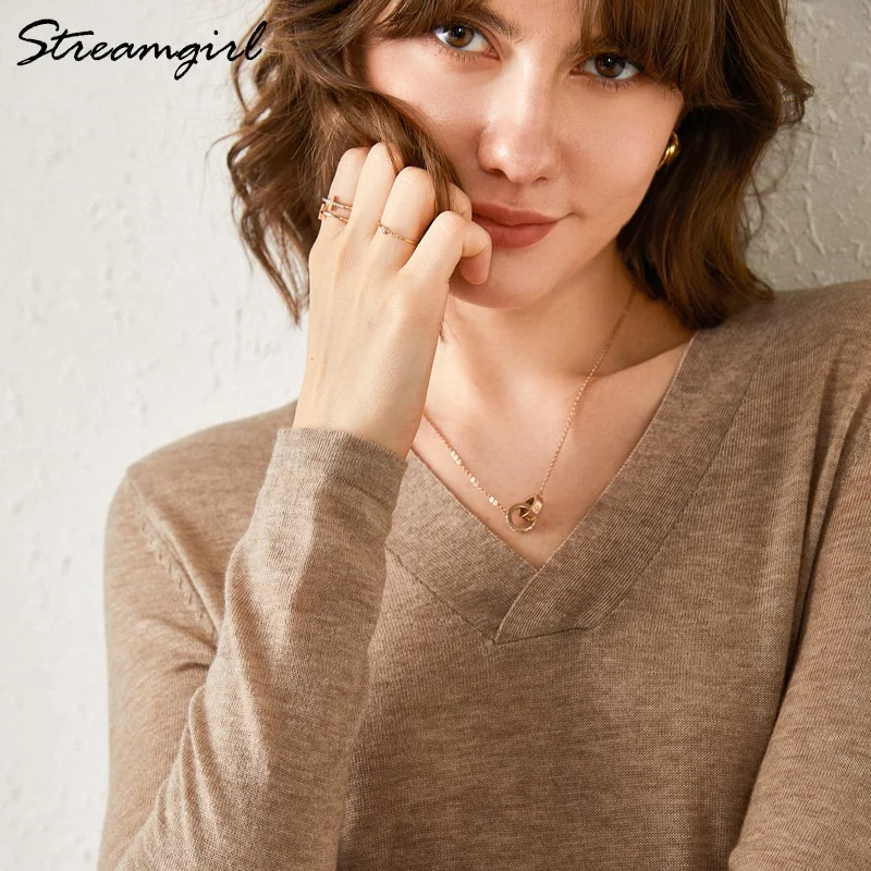 Женский кашемировый свитер Streamgirl вязаный пуловер с v-образным вырезом на осень и