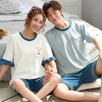 

Pure cotton cartoon cute print 2020 summer 2-piece set couple models O-neck T-shirt comfortable ladies pajamas short-sleeved