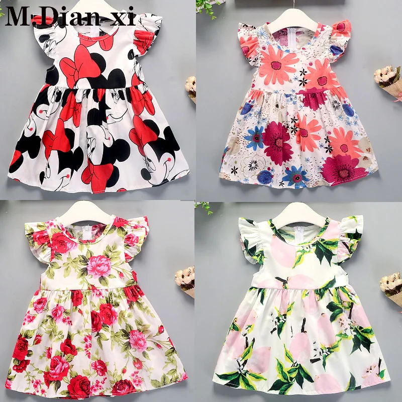 Платье для девочек новое летнее платье трапециевидной формы с цветочным рисунком Хлопковое платье без рукавов для девочек Хлопковое платье принцессы для девочек, От 0 до 5 лет