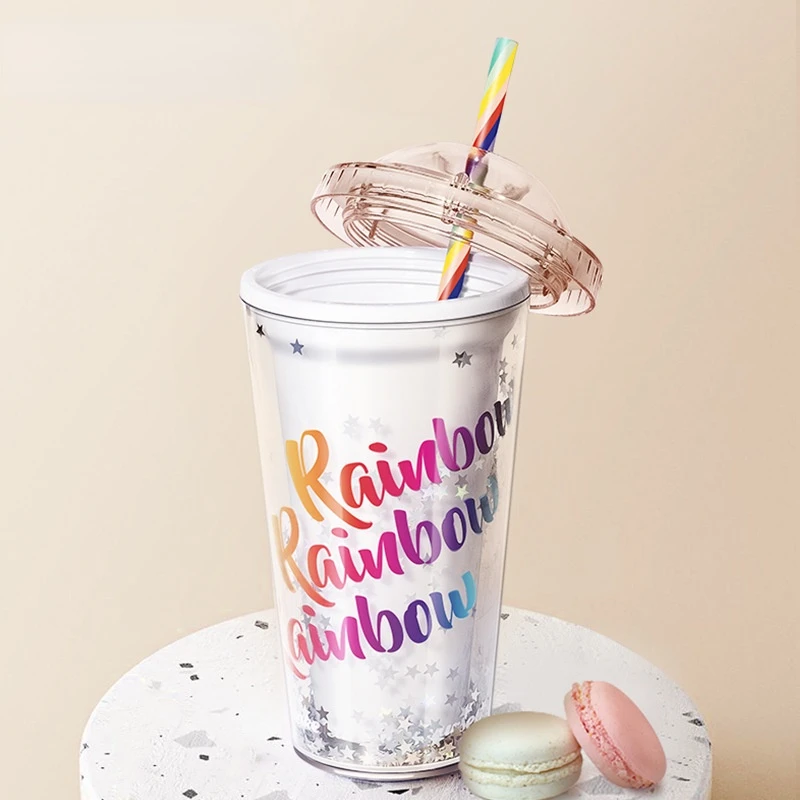 480ml Rainbow kawaii Straw Cup Net Red Lovely Water Summer Bottle Plastic Creative Gift with Lid and | Дом и сад