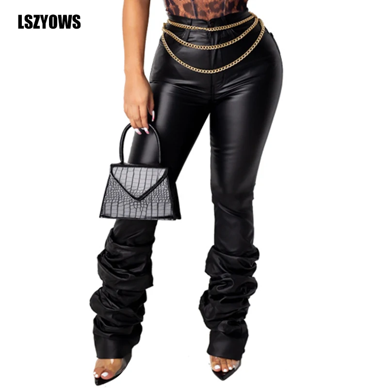 Осенние женские черные узкие брюки из искусственной кожи, Узкие повседневные брюки с высокой талией и рюшами, брюки из искусственной кожи, женские уличные длинные расклешенные брюки