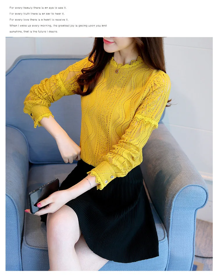 spring autumn Women Crochet Blouse Lace Chiffon Shirt White/Black Basic Shirt Ladies Stand Collar Ruffles Blusas Femininas