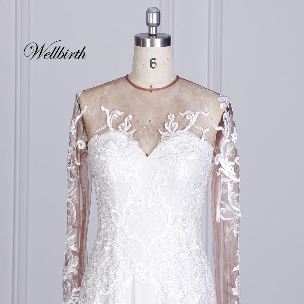 Реальное изображение Wellbirth Vestido de novia Тюль бисера Русалка свадебное платье полный рукав возлюбленной шеи свадебное платье 3021