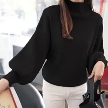 Черный свитер с высоким воротом, женская зимняя одежда, вязанная рубашка летучая мышь, пуловер с рукавом-фонариком, корейские женские свитера, Осенний Топ