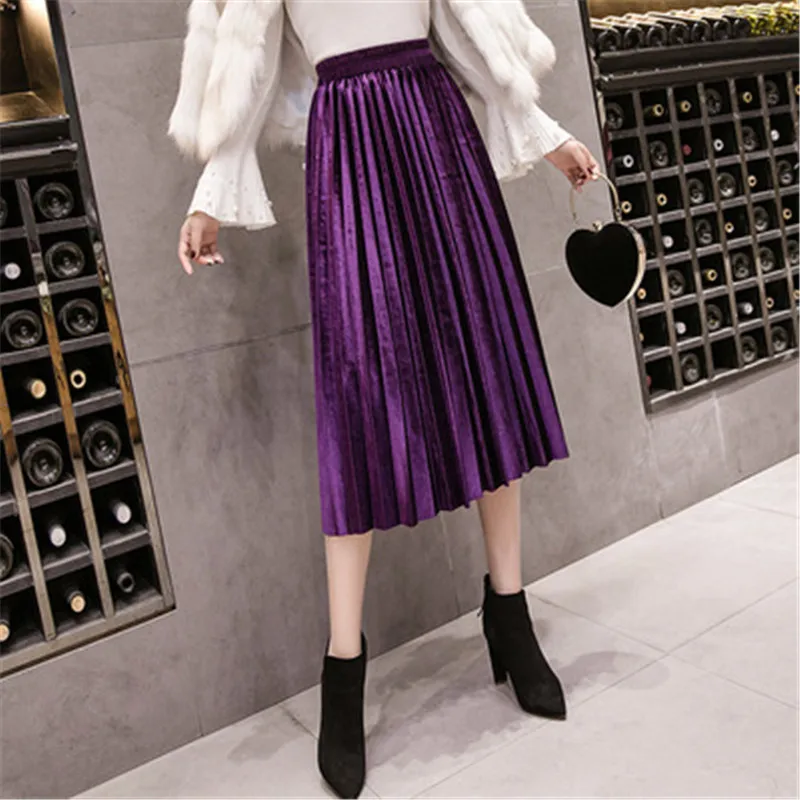 Осенне-зимняя женская бархатная юбка размера плюс с высокой талией, длинные плиссированные юбки, элегантные женские повседневные юбки для женщин