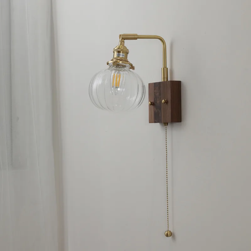 IWHD Nordic Wooden LED Wall Light Fixtures Bedroom Living Room Glass Ball Copper Modern Wall Sconce Wandlamp Pull China Switch