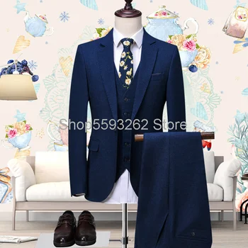 

Blue suit men's suit business casual professional suit three-piece slim wedding groom groomsman dress