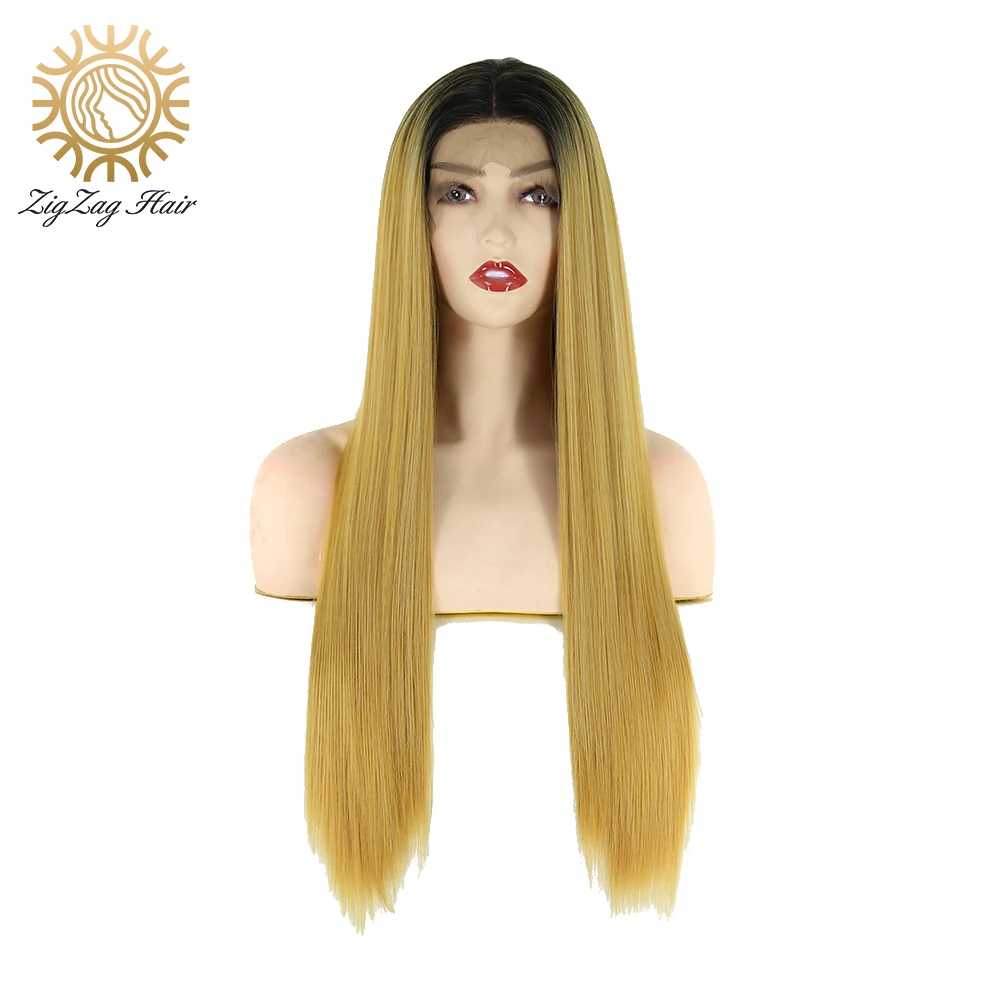 

ZigZag Black Ombre Gold Brown Synthetic Lace Front Wigs Long Straight Hair for Black Women Natural Fluffy Glueless Middle Part