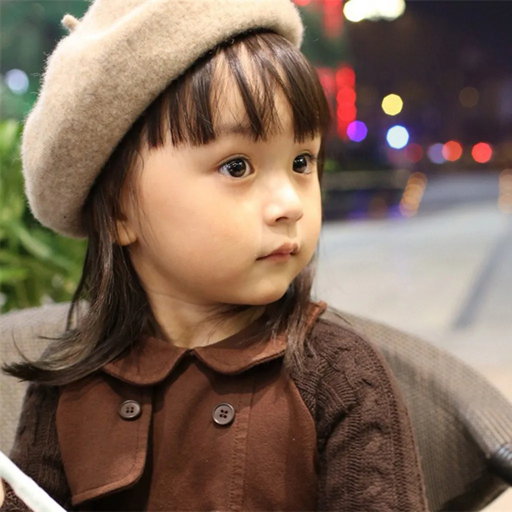 Детская зимняя шапка для девочек, стрейчевый берет, шапка в стиле ретро, шерсть, чистый цвет, головной платок, шапка, От 2 до 7 лет, детская модная шапка, шапка C800
