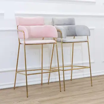

Light luxury soft bag bar chair ins simple Nordic flannel coffee shop wrought iron bar stool net red back high bar chair