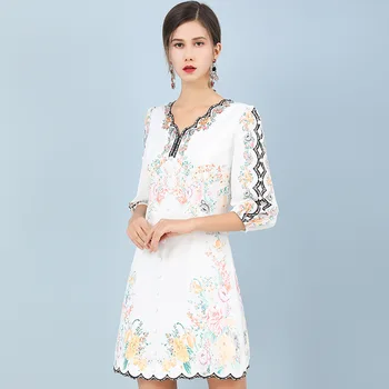 

Summer 2020 new v-neck drape 7 minutes sleeve retro style print zipper stitching irregular dress woman