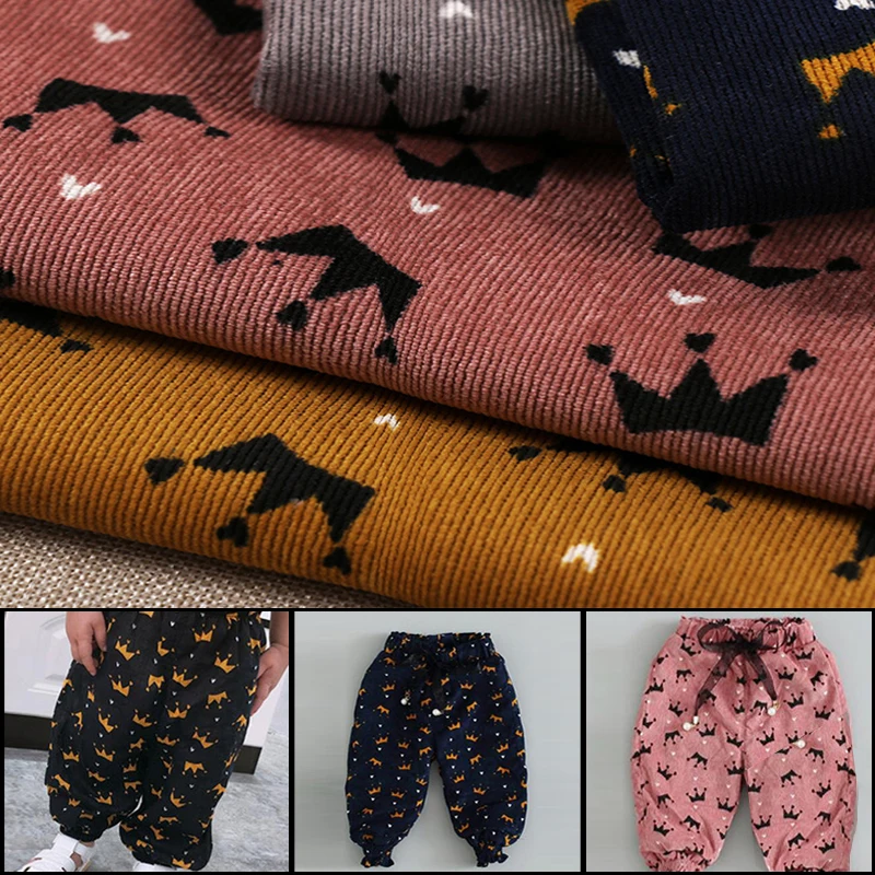 100*150cm Cute Crown Pattern Velvet Corduroy Fabric For Diy Dress Kid
