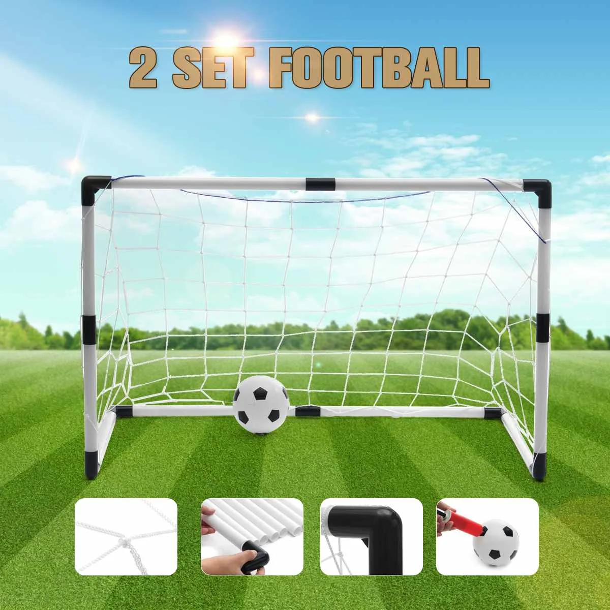 Folding Mini Football Soccer Goal Post Net Set with Pump Kids Sport To ed 