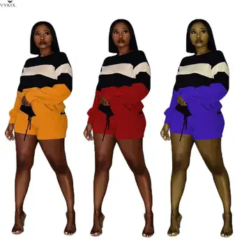 

Women Two Piece Outfits Long Sleeve Wool Top Shorts Suits Casual Fashion Striped Two Piece Set Night Tracksuits Women Set