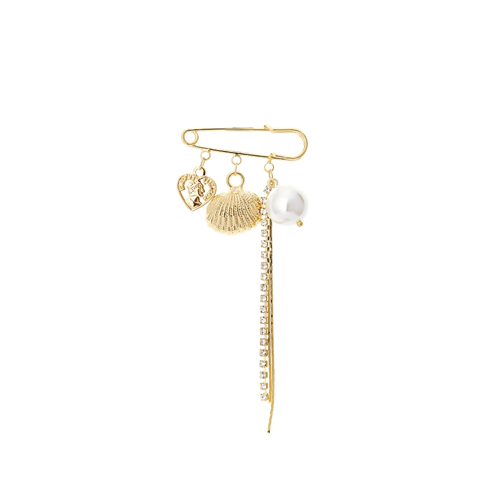 Gold Yhpup Trendy Copper Charm Metal Shell Tassel Brooches Imitation Pearls Round Portrait Zirconia Exquisite Brooch Pins for Women - Metal color: Gold