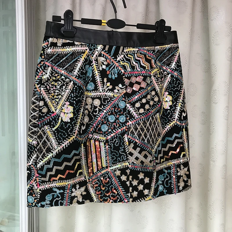 

Women's Sexy Short Skirts Spangle Genuine Leather Skirt Custom made Retro Mini A-line Skirt Shiny Diamond Ladies Real Sheepskin