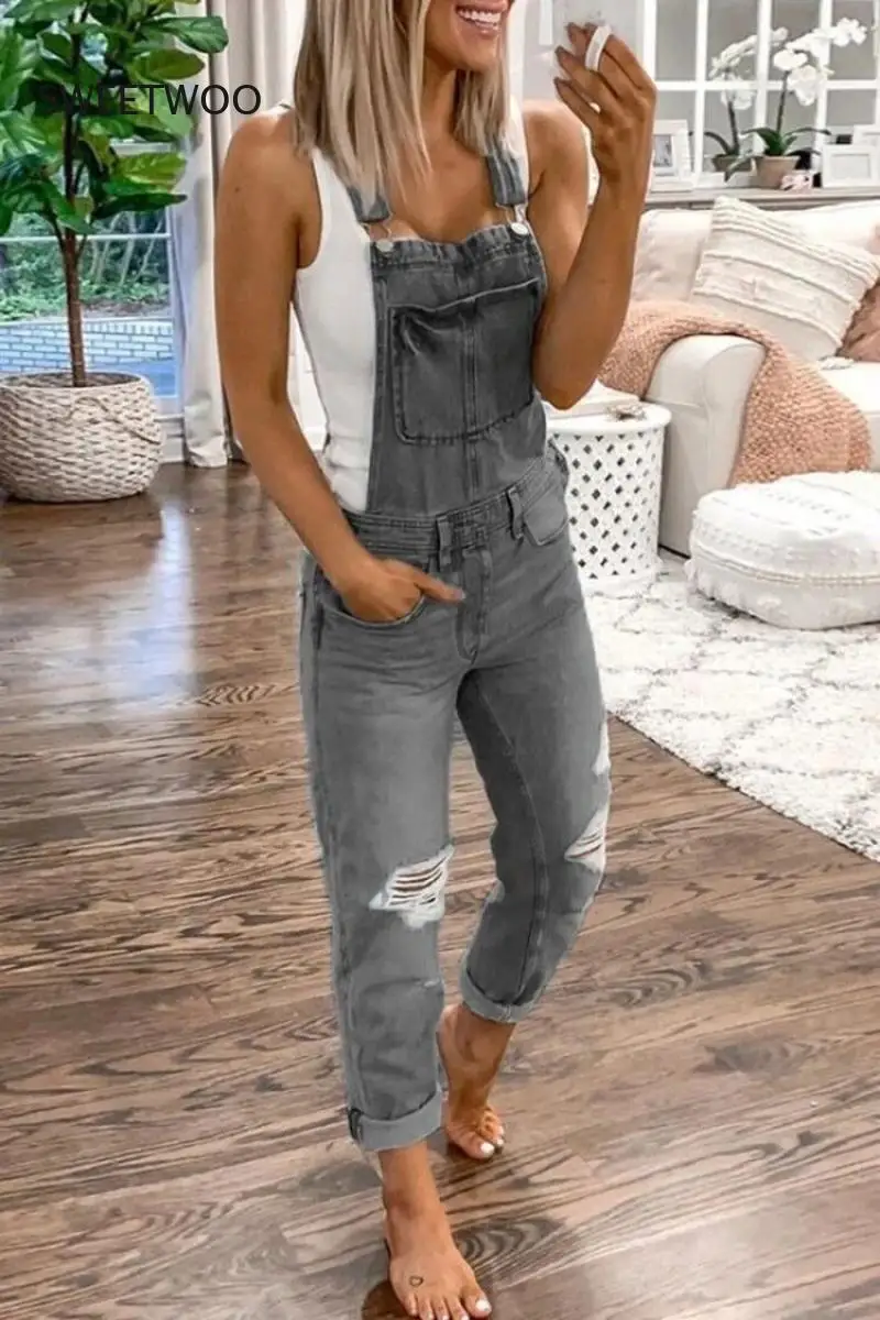 2021 Summer Denim Jumpsuit Overalls Women's Sports Double Shoulder Straps with Holes In Casual All-Match Overalls