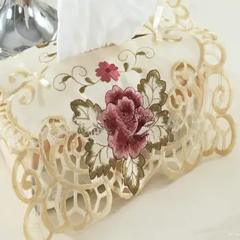 

Embroidered Lace Home Household Hotel Table Decorative Embroidered Plaid Elastic Band White Grey Taupe Tissue Box Cover