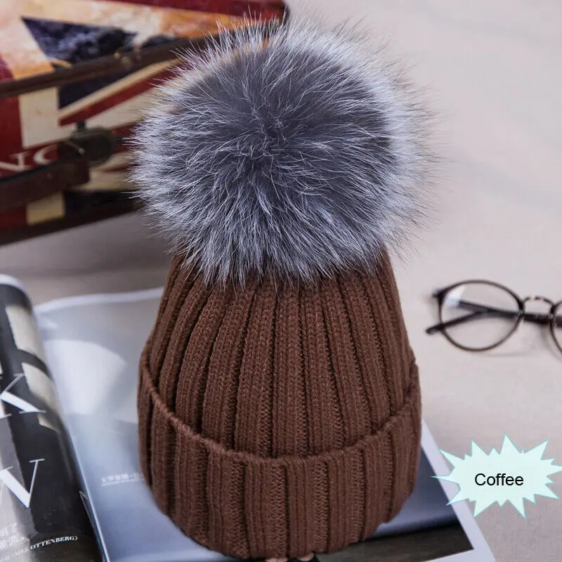 Winter Warm Female Fur Pom Poms hat Spring Hat For Women Girl 's Hat Knitted Beanies Cap Hat Thick Women Skullies Beanies - Цвет: Коричневый