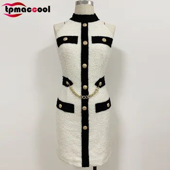 

Tpmaccool designer High End 2020 women Spring Summer New Lion Buckle Slim Halter off-Shoulder Backless Slimming Sexy party Dress